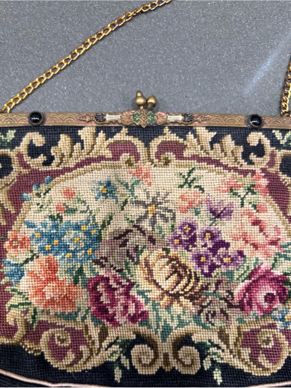 Floral Tapestry Evening Clutch in Multicolor. Jeweled kiss lock